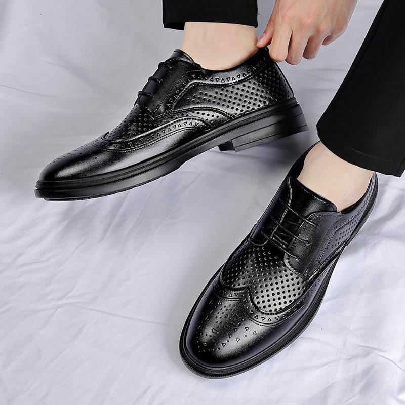 2025 new summer men's shoes hollow business British Brock leather shoes men's hole shoes lace-up heightening shoes
