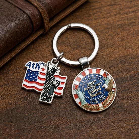 Pendentif Porte-clés, Porte-clés Double Pendentif Combiné, Porte-clés pour le 250e Anniversaire de la Fondation des États-Unis avec Anneau Métallique Épaissi
