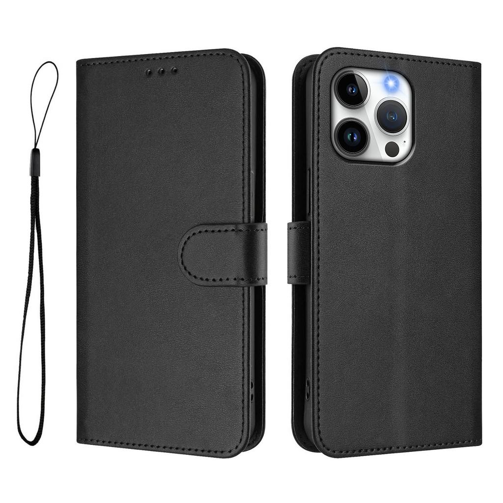For iPhone 16 Pro Max Wallet Case RFID Blocking Calf Texture Leather Stand Phone Cover with Strap