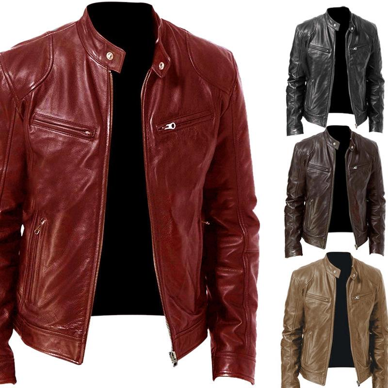 Spot Winter Business Gentleman Warm Zipper Cardigan Pocket Decorative PU Leather Jacket Stand Neck Slim Leather Jacket