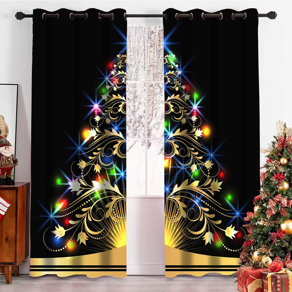 Vánoční závěsy 3D Zlatý vánoční strom Los Dekor Zatemňovací závěsy 2 Panely Deluxe Obývací pokoj Ložnice Domácí dekorace Závěsy