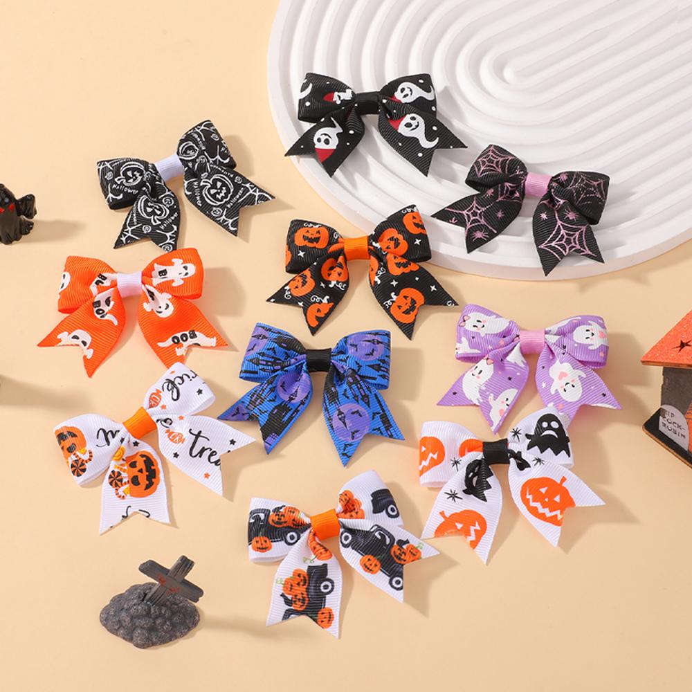 10/20pcs Halloween Bows with Hair Clip for Baby Girls Handmade Printed Pumpkin Head Festival Party Holiday Kids Hair Accessories