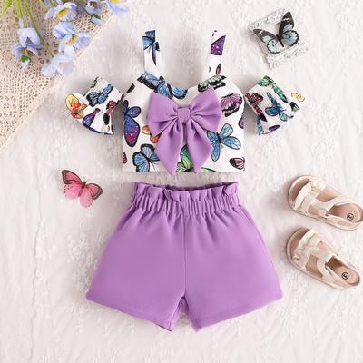 Girls' Casual Set Summer Children's Sweet Butterfly Print Halter Top and Shorts Two-piece Set