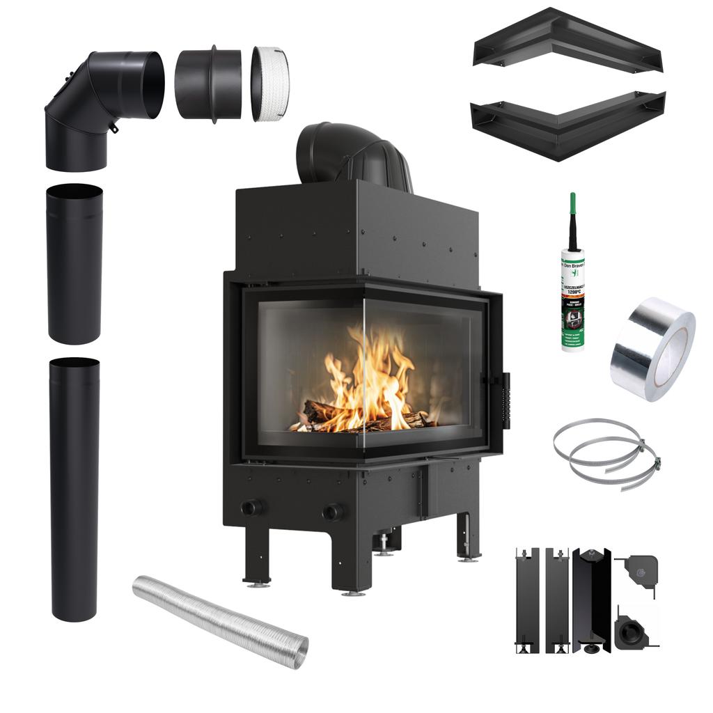 Corner Fireplace Insert KRATKI FLOKI Left 10kW Ø200 Black Installation Kit