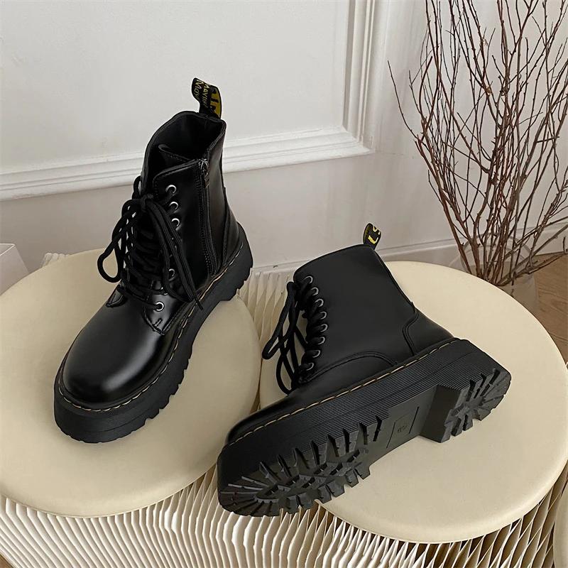 

Fashion Minimalist Lace-up Women Boots 5Cm Chunky Heel Platform Women Boots British Style Thick Sole Increase Height Casual Boots 40