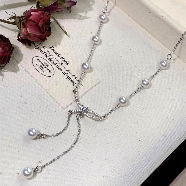 Bow Pearl Fringed Clavicle Chain Temperament Versatile Beaded Sweater Chain Accessories Neck Chain Accessories