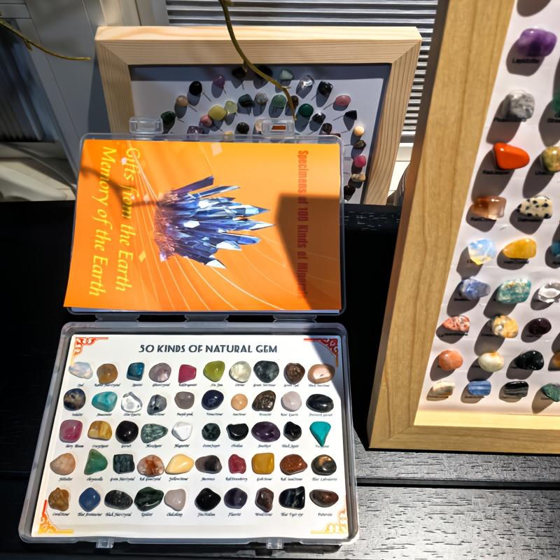 Mineral specimens and a 100-page rock atlas, including crystal, agate, fluorite, tiger's eye, and more.