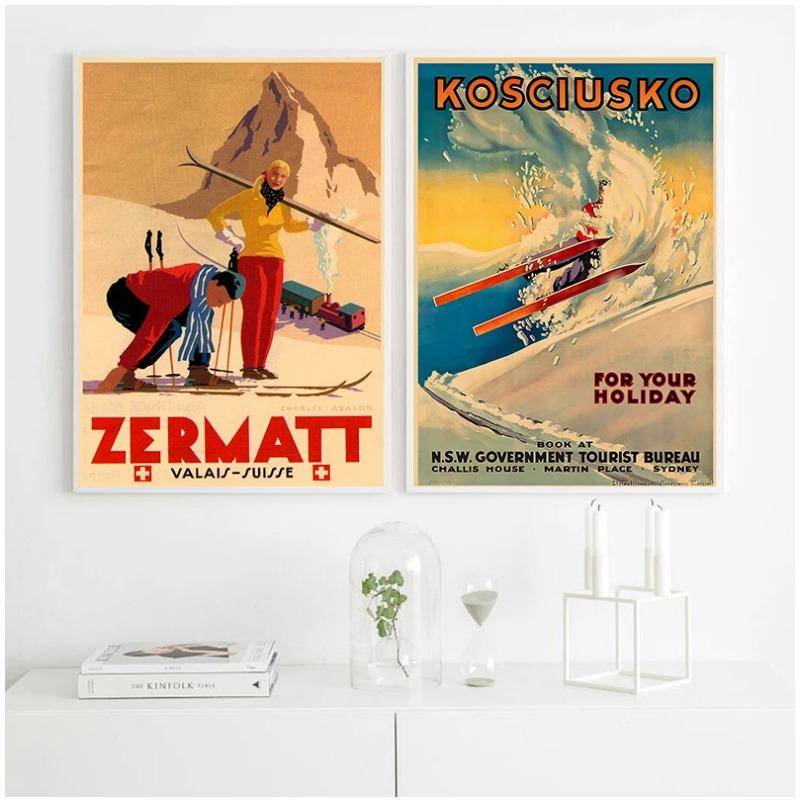 Retro Ski in America Canvas Painting Skiing Vintage Wall Kraft Posters Coated Wall Stickers Home Decoration Pictures Gift