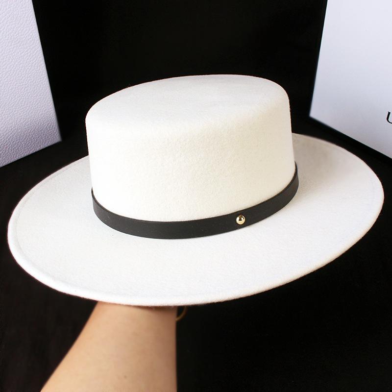 New white woolen top hat for women, British versatile flat top big eaves hat for children, autumn and winter trendy men