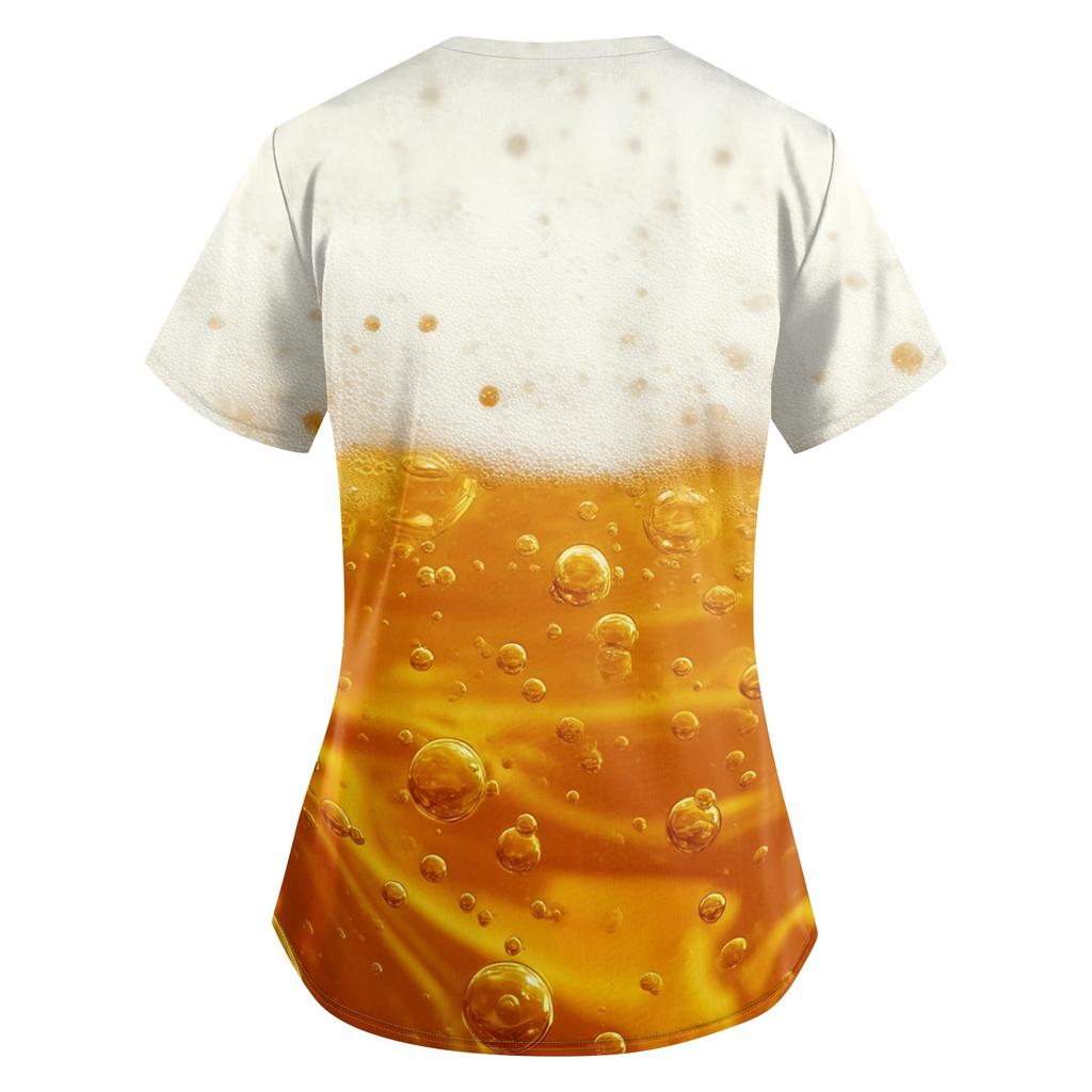 Women's Uniform - Oktoberfest Print Loose V-Neck Short Sleeve with Pockets