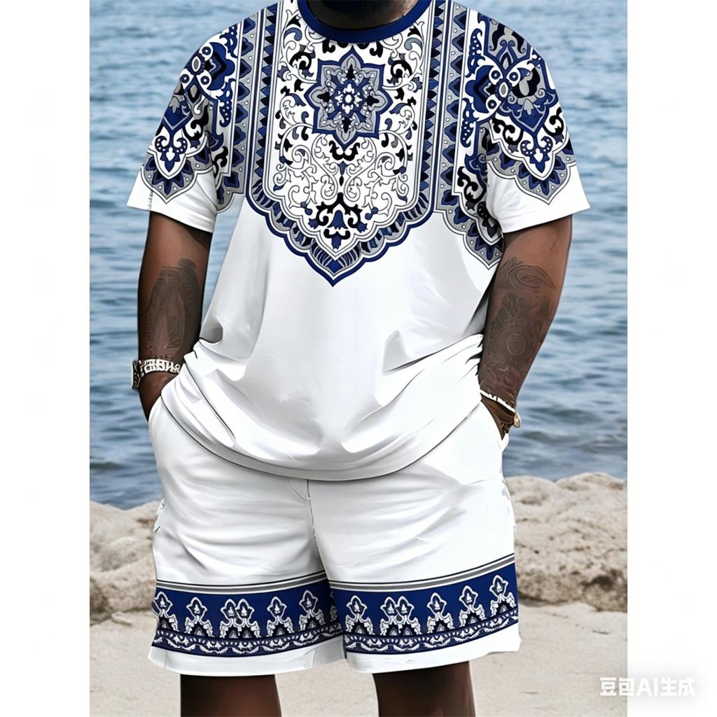 Men's Plus Size 3D Digital Print Short Sleeve Shorts Set, Ethnic Style, PLUS SIZE