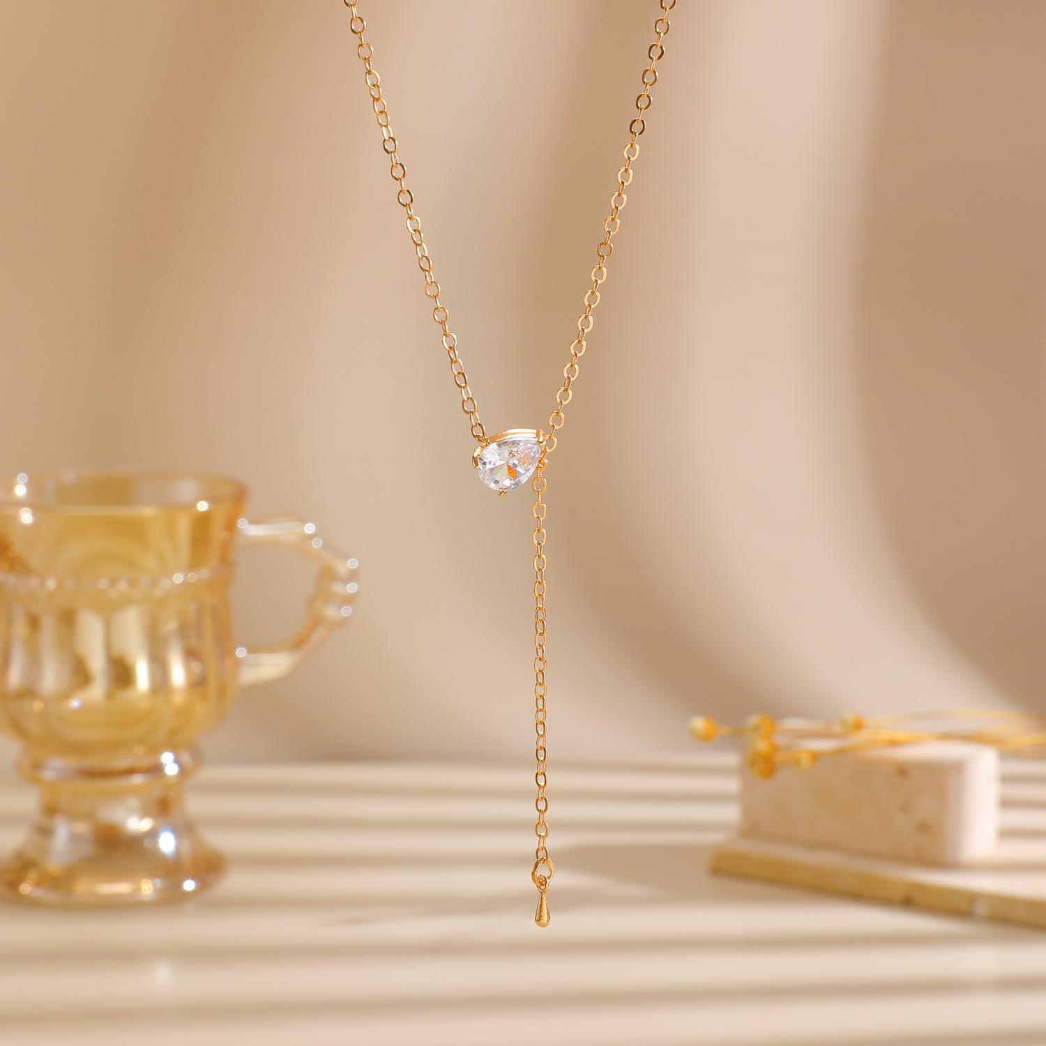 Minimalist Temperament Inlay Teardrop Zircon Pendant Tassel Necklace Women s Stainless Steel Fashion Versatile Commuting Jewelry