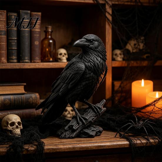 Realistische Rabenstatue Gotische Schwarze Krähe Figur, Harz für Halloween Tischplatte Innen Außen Vogel Dekoration, Dunkles Gruseliges Ornament Zuhause Büro Bücherregal
