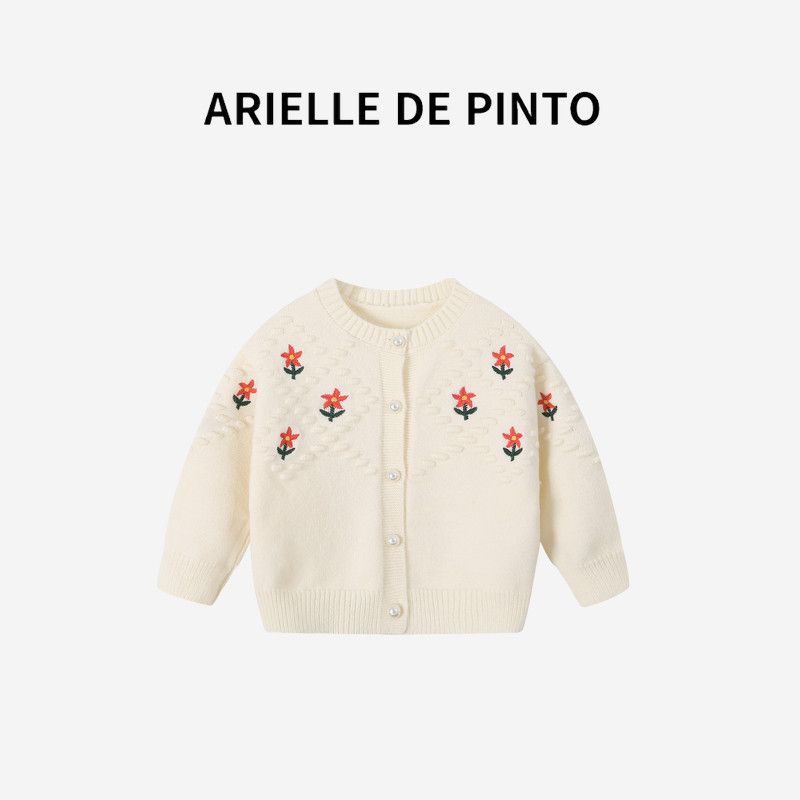 French Arielle De Pinto Girls Spring and Autumn Tops 2026 New Stylish Year of the Snake Girls Sweater Cardigan Beige 110cm