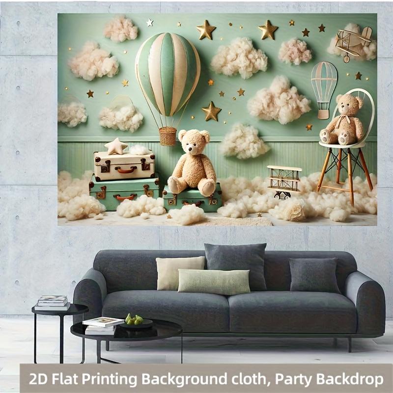 Dreamy Hot Air Balloon and Teddy Bear Photography Background, Birthday Party Banner Flag