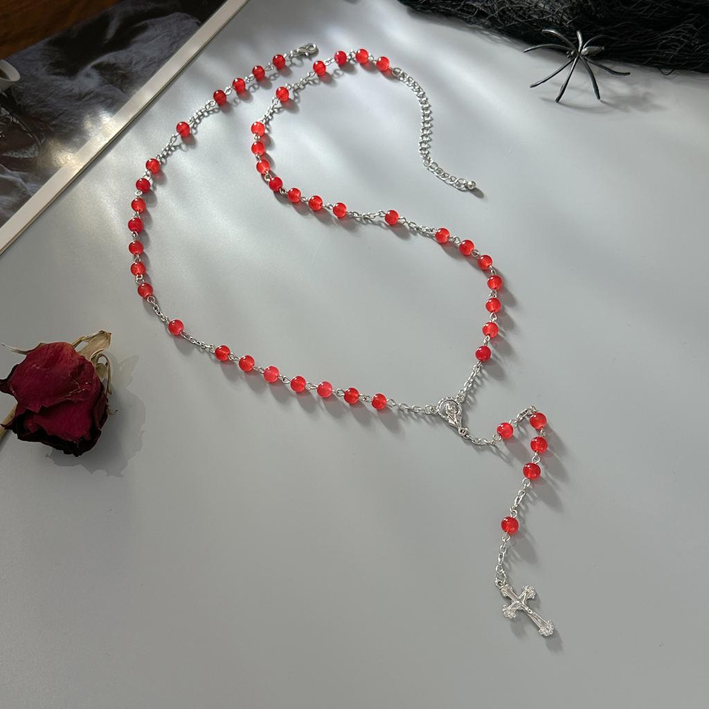 Personalized Dark Cross Pendant Long Necklace, Fashionable Halloween Glass Bead Beaded Necklace