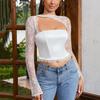 European and American Sexy Hollow-out Navel Short Top, Popular Women's Mesh Lace See-through Long-sleeved Top