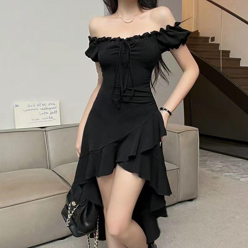 Women s Black One-Shoulder Ruffle Halter Dress: Summer Waist-Hugging Tie-Up S (77-95 Jin)