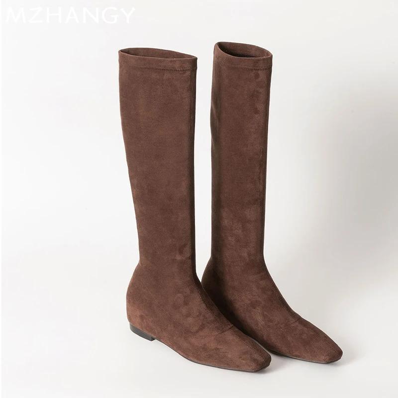 Mode Damen Wildleder Hohe Stiefel Flats Eckige Zehenschuhe Frau 2025 Trend Chelsea Boots Winter Goth Walking Neu Mujer Schnee Motorradstiefel