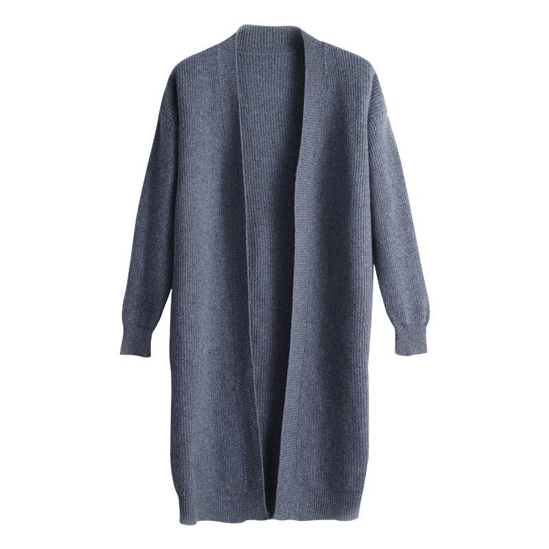 Laid-back Style Long Plus-size V-neck Knitted Cardigan for Autumn and Winter New Loose Solid Color Elegant Sweater Women's Coat