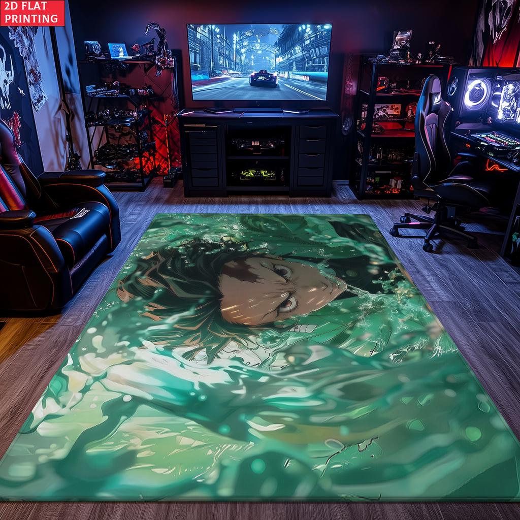 Anime Swordsman Area Rug, Green Water Wave Theme  Floor Mat, Decorative Carpet for Gaming Room Bedroom, Washable Home Decor Gift