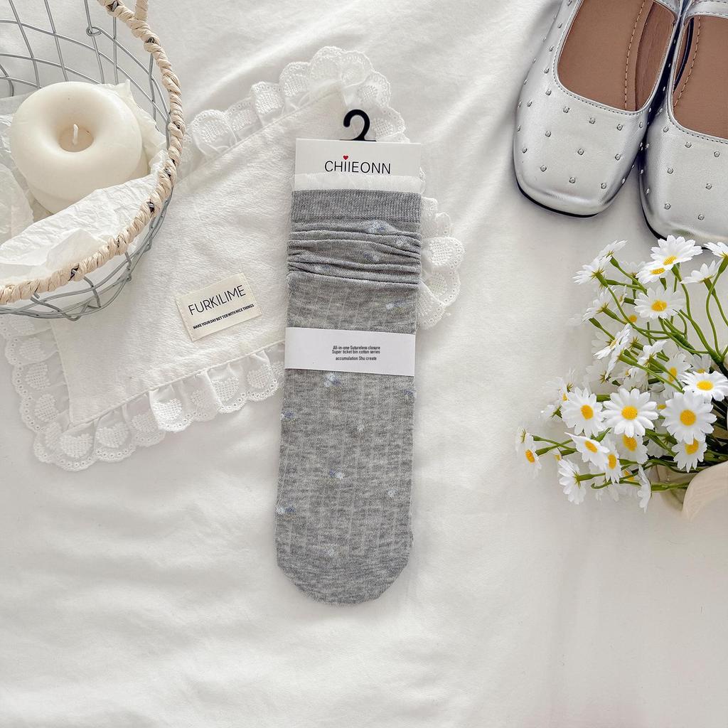 Women's Spring & Summer Korean-Style Floral Lace Trim Slouch Socks - Mid-Calf, Seamless, Thin
