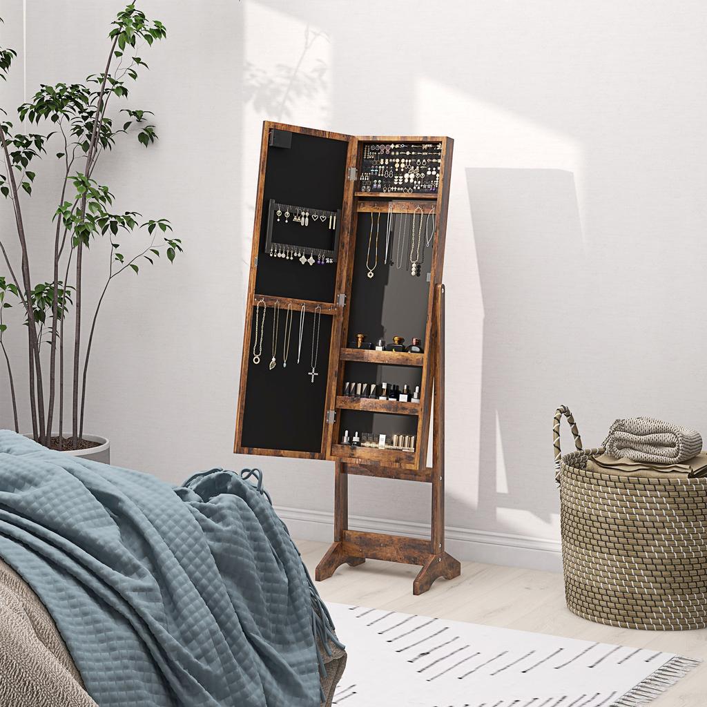 Freestanding Jewelry Cabinet with Mirror, Multiple Compartments, LED Lighting, Rustic Brown