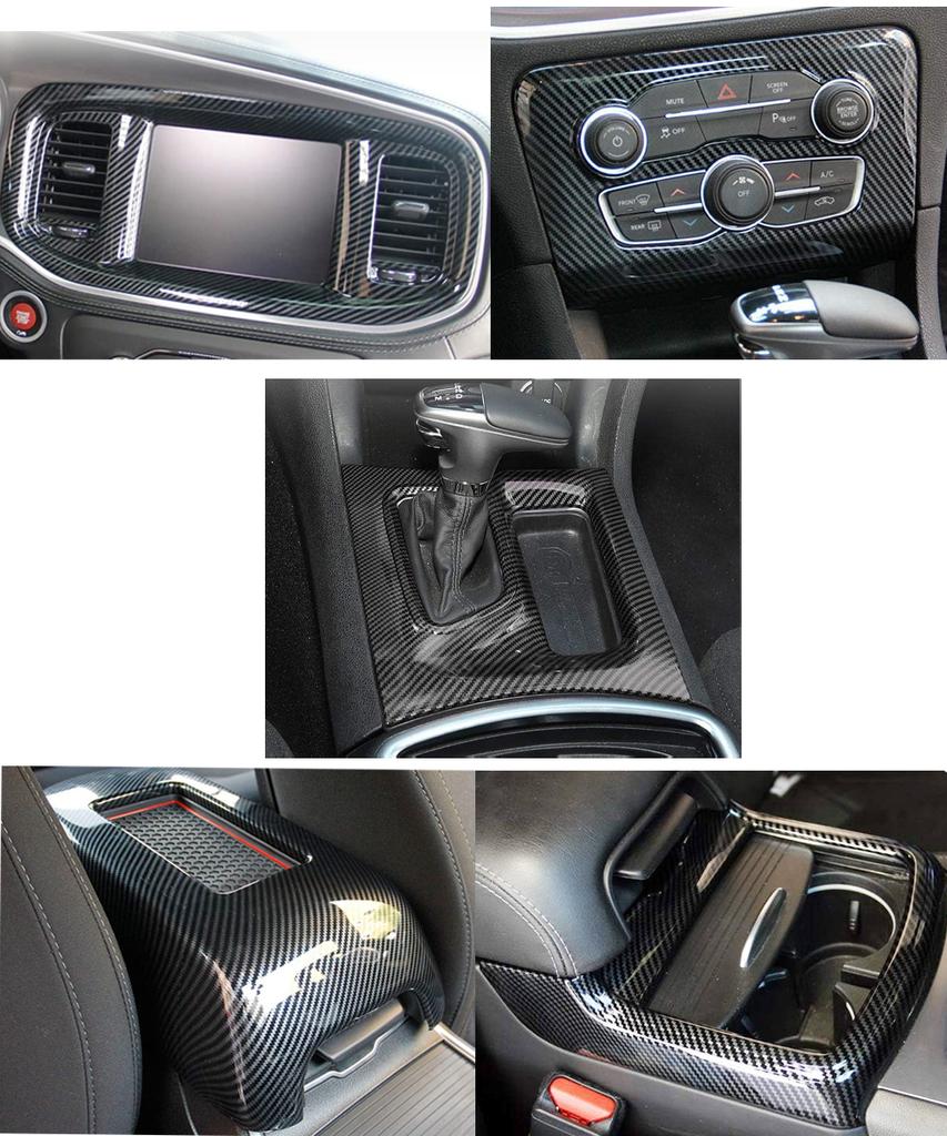 Accessori Interni Neri in Fibra di Carbonio Per Dodge Charger 2015-2025 Console Centrale Pannello Leve Cambio Aria Copertura Protettore Kit 5 Pezzi