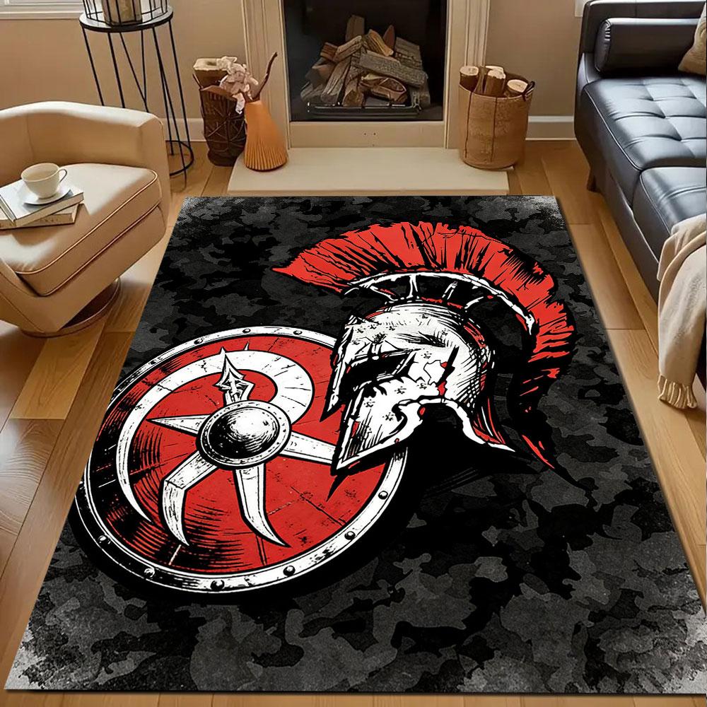 Spartan Warrior Helmet and Shield Art Patterned Carpet, Non Slip Mat Suitable for Living Room and Bedroom Sofas