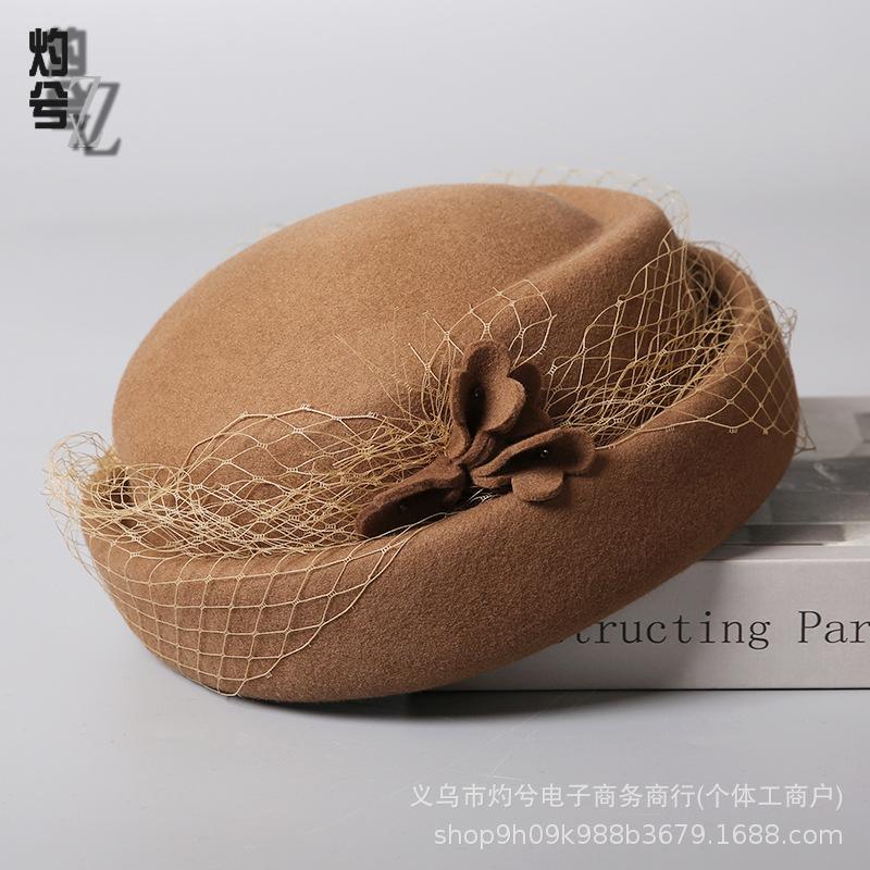 British retro three-dimensional flower beret elegant mesh painter hat women's autumn and winter warm Australian wool felt hat