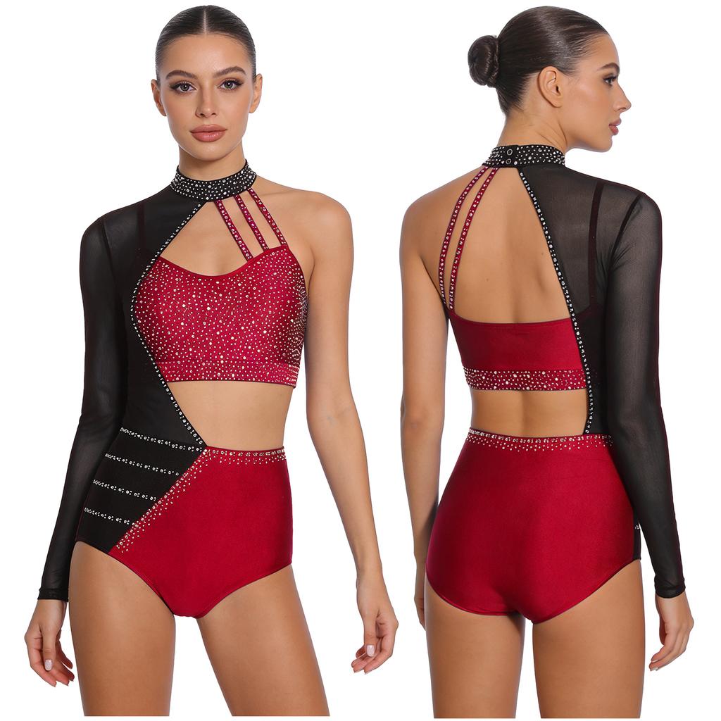 S-XXL Womens Gymnastics Leotard Bodysuit Rhinestone Color Blocking Asymmetrical Hollow Out Jumpsuit Figure Skating Tango Dancewear