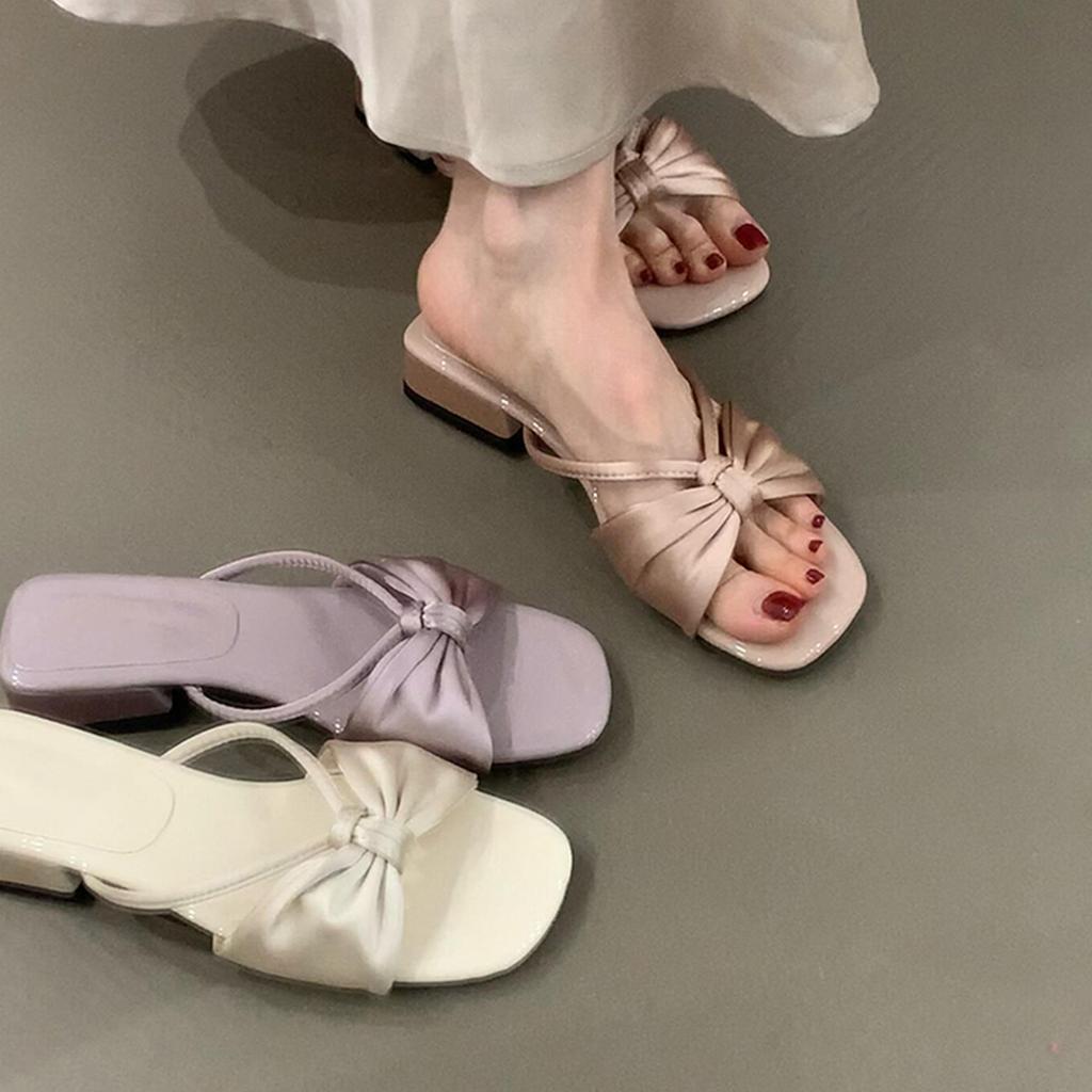 Gentle bow sweet one-word slippers women's thick heel satin one pedal with skirt sandals
