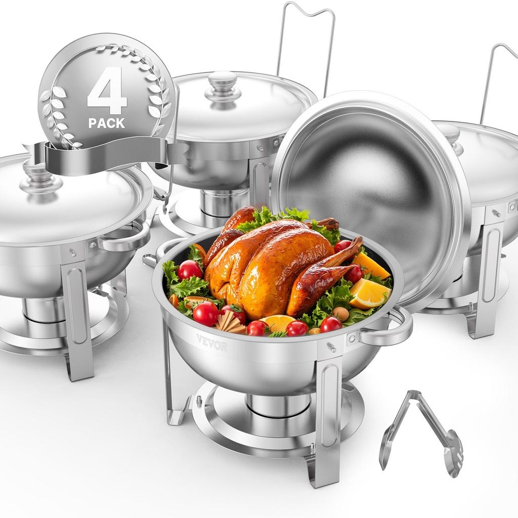 5 Qt 4 Pack Round Chafing Dish Buffet Set Full-Size Pan Stainless Steel