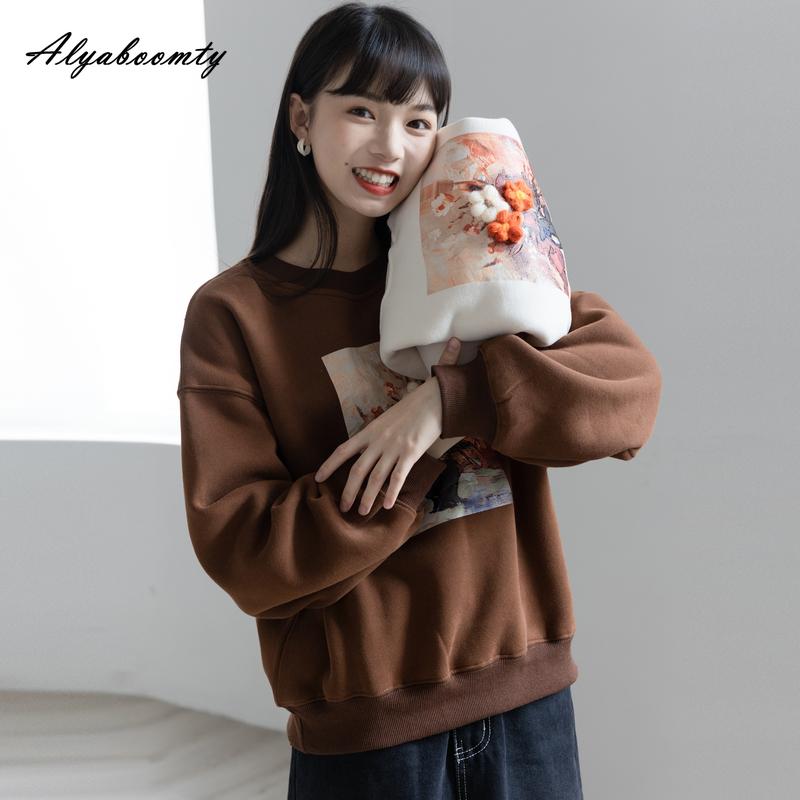 Korejský styl Podzim Zima Dámské Hnědé Mikiny O Krk Květinový Potisk Ležérní Volný Fleecový Pulovr Volný Vintage Dámská Základní Mikina