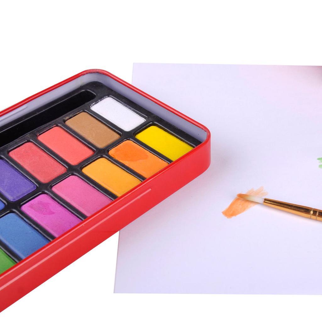 New 24 Colors Artist Solid Watercolor Pigments Tablet With Paint Brush Metal Box