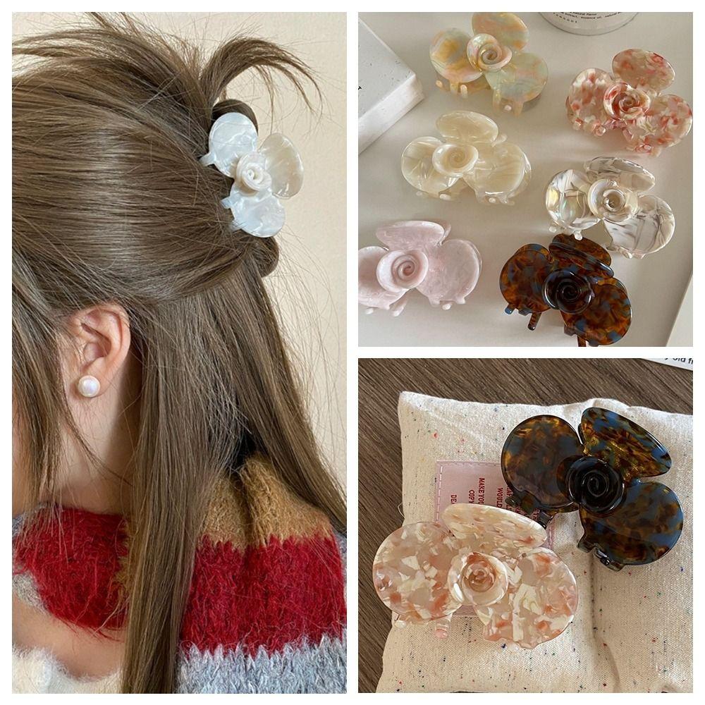 French Style Acetic Acid Hair Clip Medium Size Shark Clip Sweet Flower Hair Claw Girls