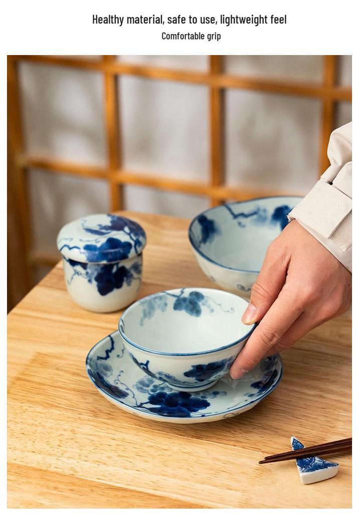 Indigo-Dyed Mino Ware Ceramic Grape Bowl & Plate Set