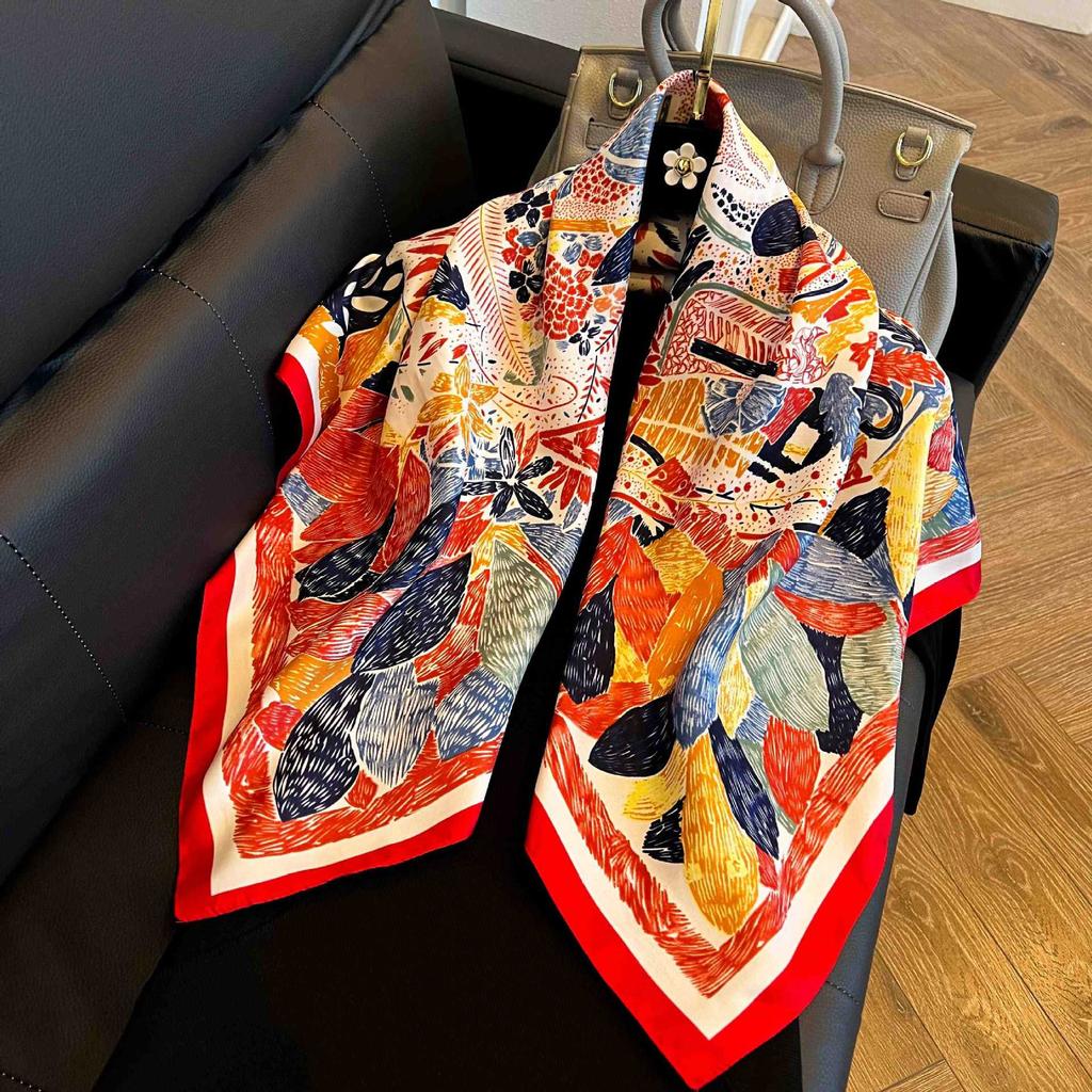 New 91 square scarf silk scarf female alphabet printing four seasons fashion landscape painting retro printing square scarf versatile