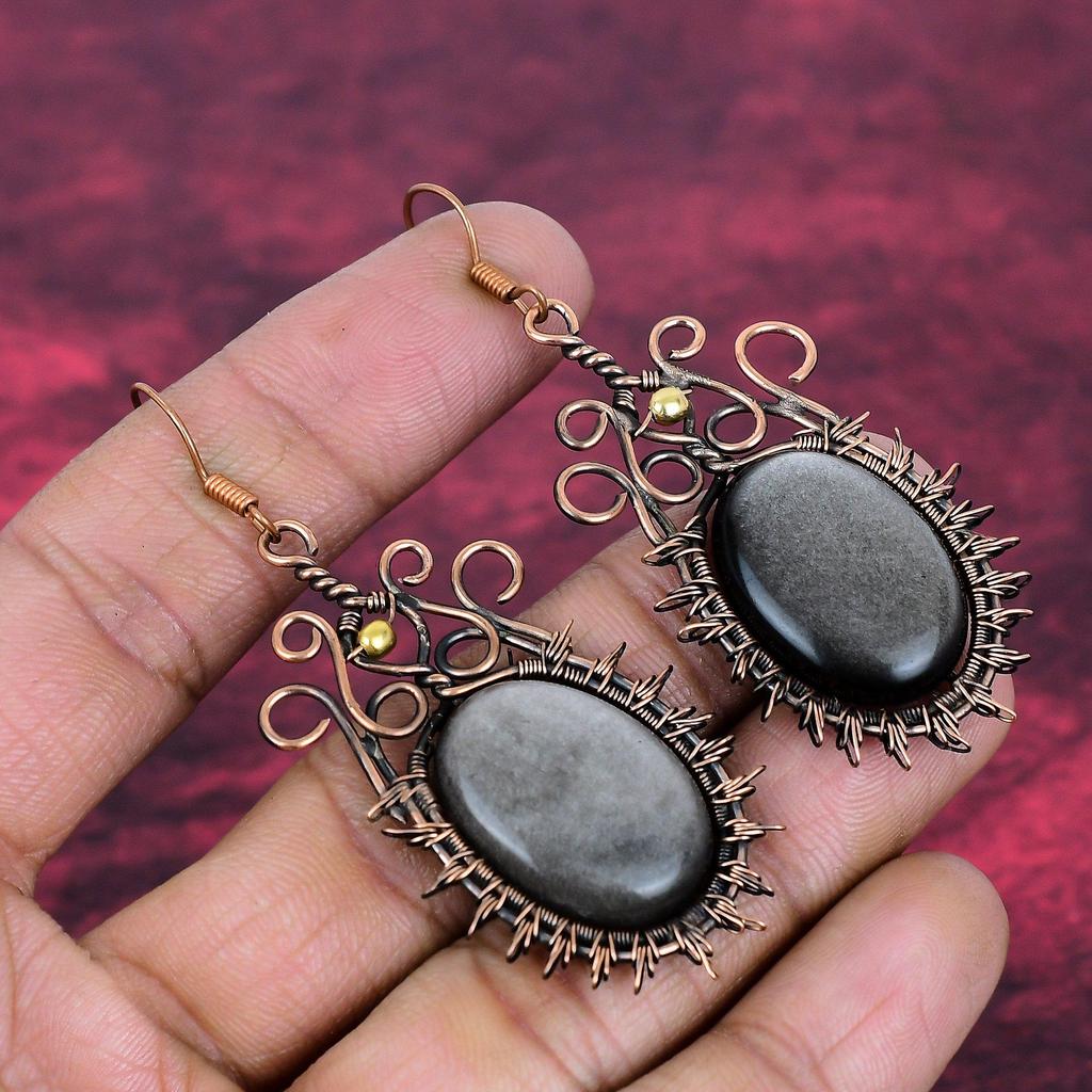Silver Sheen Obsidian Earrings Copper Wire Wrapped Jewelry Real Gemstone Earring
