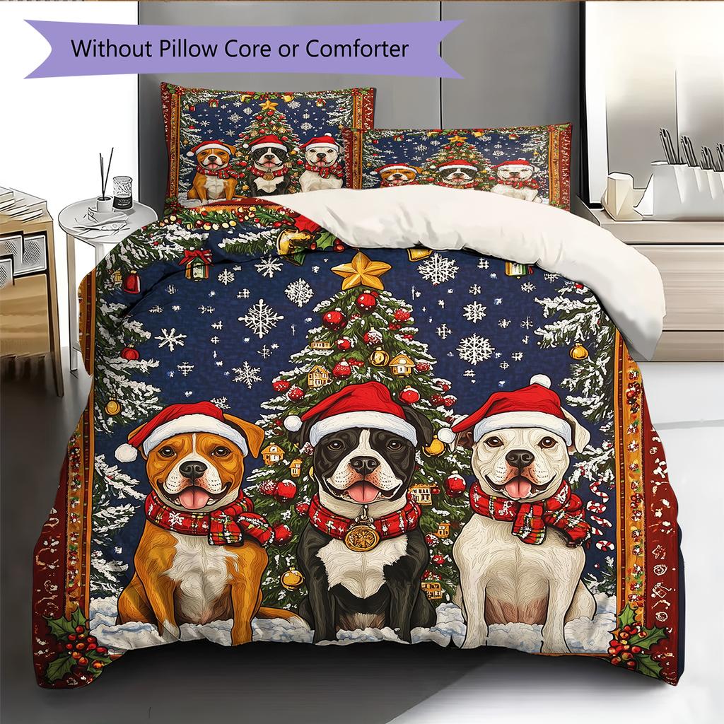 Christmas Pitbull Pattern Bedding Home Decoration Birthday Gift (1 * duvet cover + 2 * pillowcase, without core)