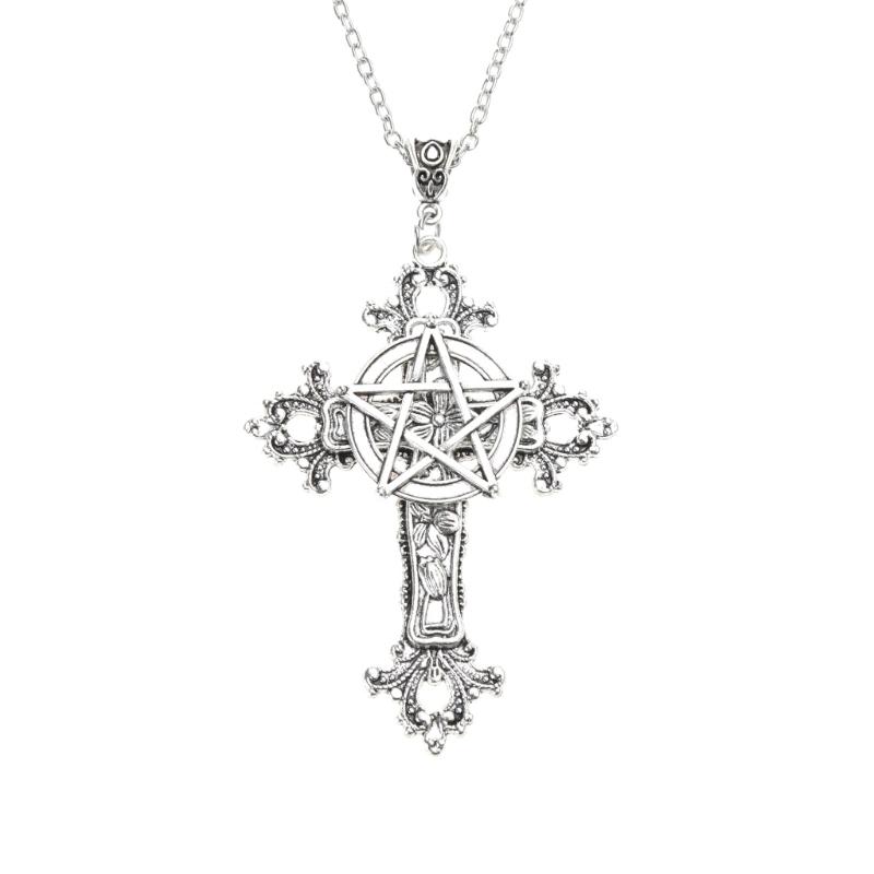 

Retro Five-Pointed Star Crucifix Pendant Necklaces Alloy Texture Woman Pentacle Jewelry Pendant Necklaces for Daily 1