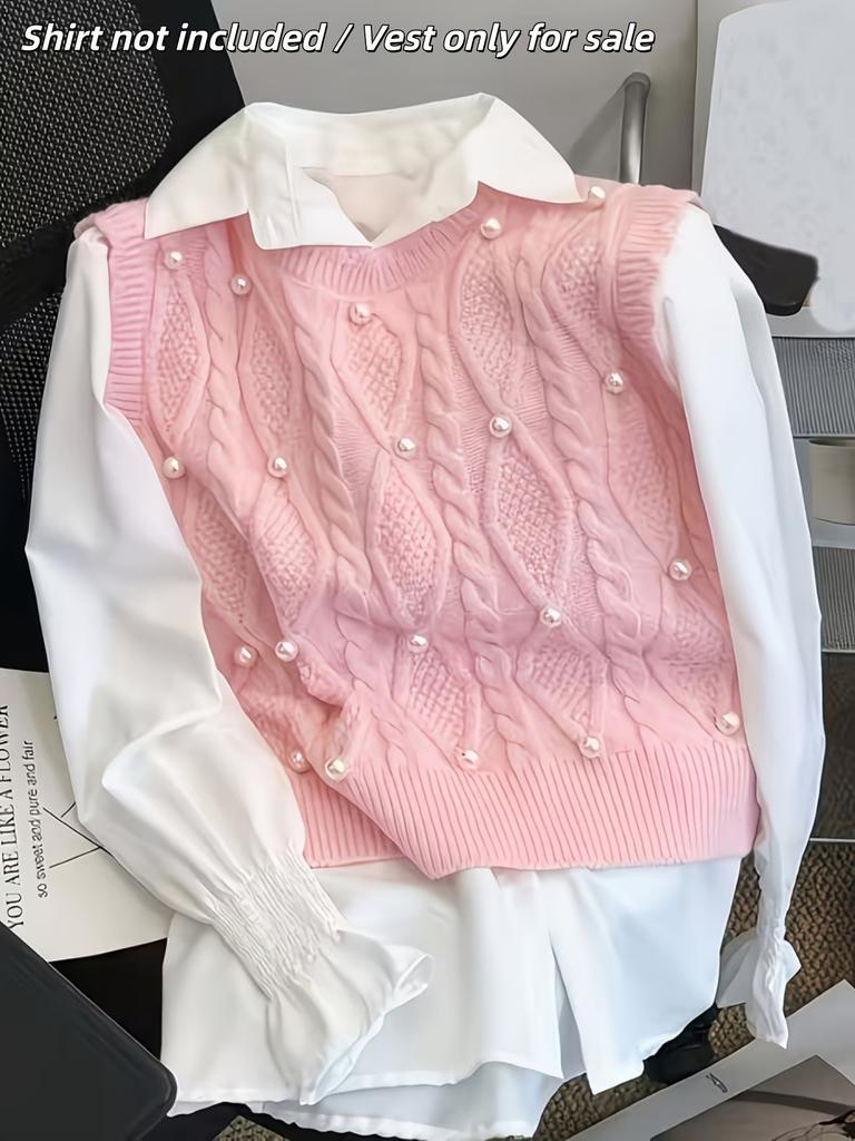 Pearl Knitted Vest Women's Sleeveless Sweater Vest Pullover Crew Neck Loose Versatile Top Platform Supply Chain
