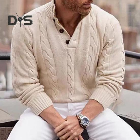 Fall Winter Men Sweater High Collar Neck Protection Buttons Knitted Thickened Pure Color Long Sleeves Pullover English Style Sweater