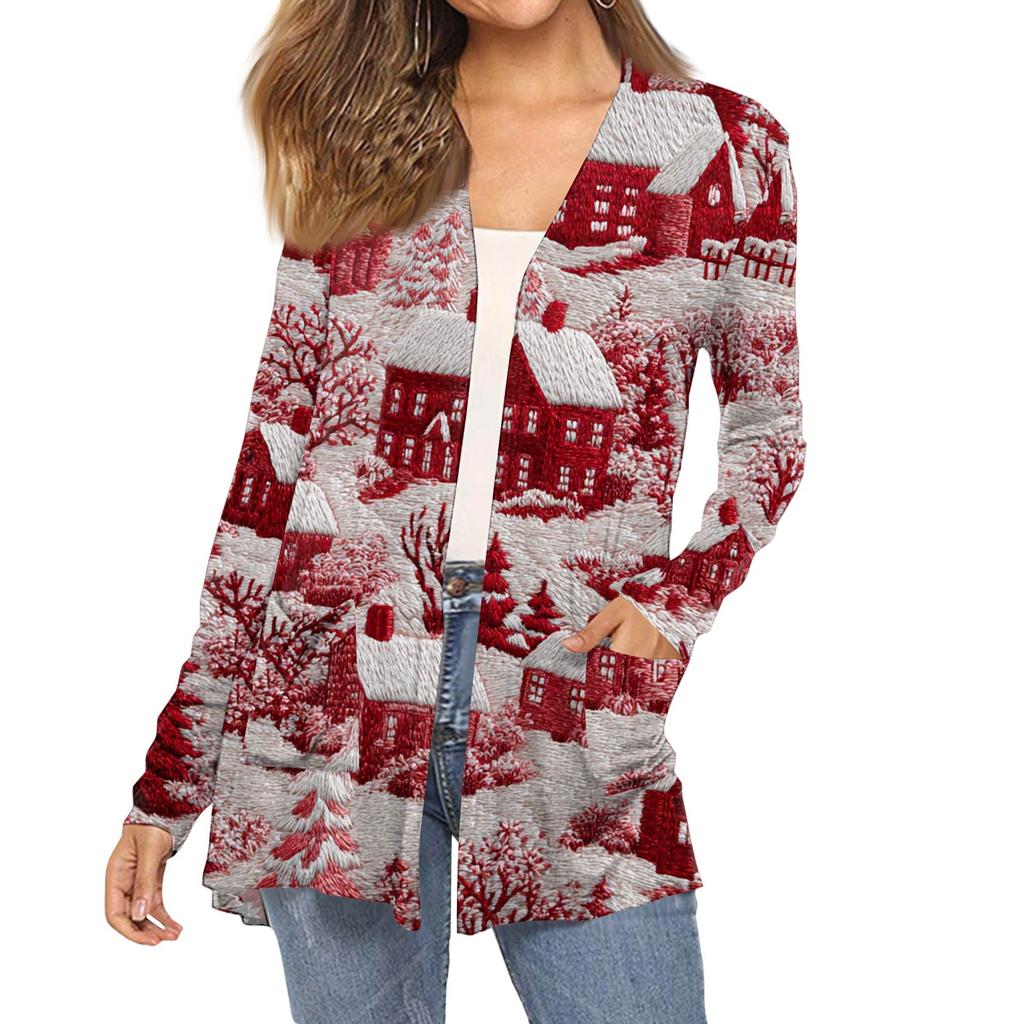 Dámský módní vánoční potisk dlouhý rukáv kapsy slim fit kardigan kabát