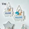 Blue And White Ocean Sign Mediterranean Style Wooden Welcome Sign, Starfish Shells Hanging Nautical Decor Plaque, Decorative Wall Art for Home