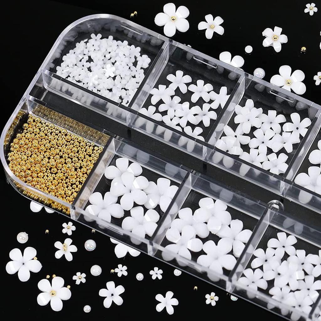 Blumen Nail Art Dekorationen, Weiße Blütenperlen Perlen Nagelpailletten Design Set, Florale Nieten Strasssteine für Nagelsticker Decals Folien