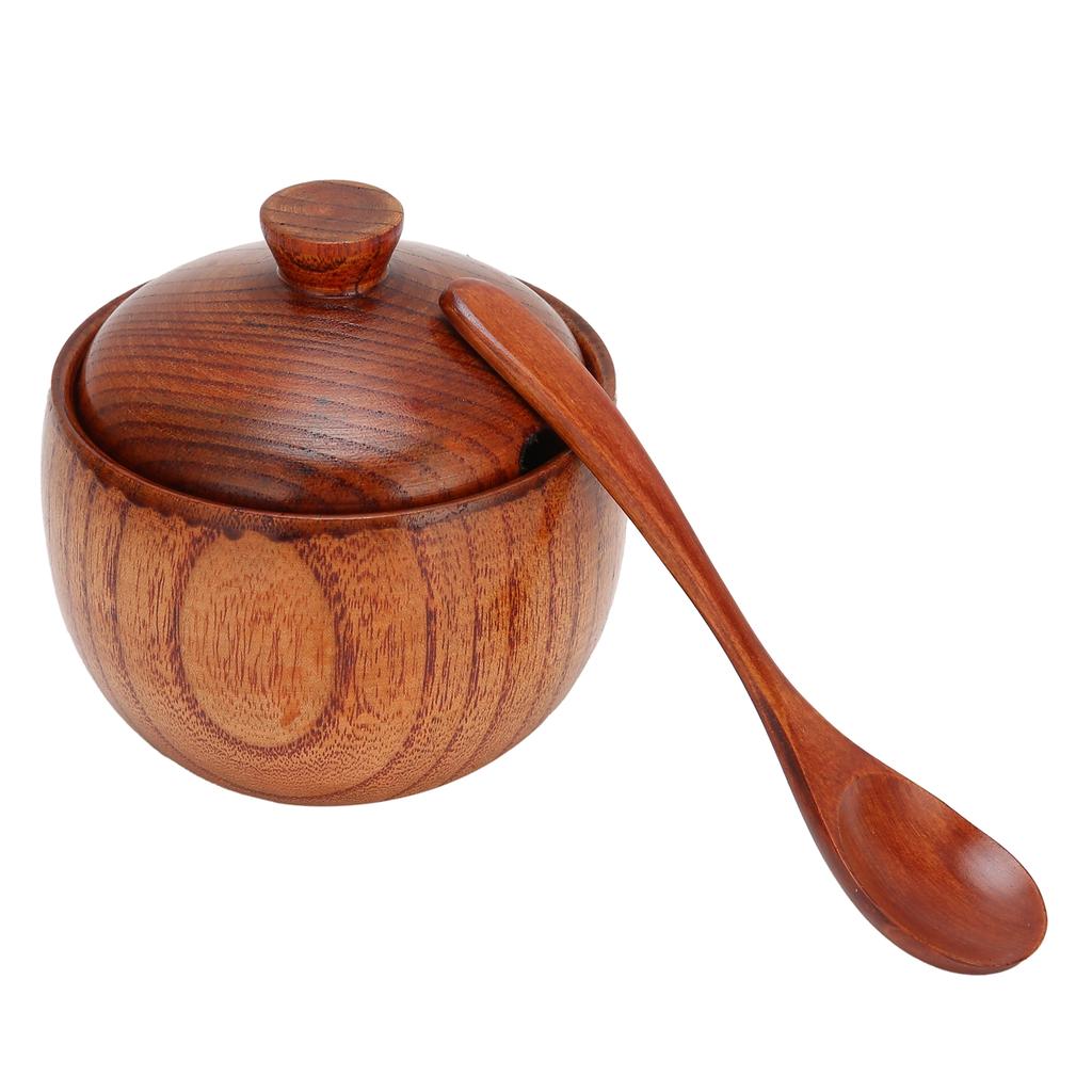 Wood Spice Pot Sugar Bowl Salt Pepper Seasoning Box with Spoon and Lid Kitchen Tool