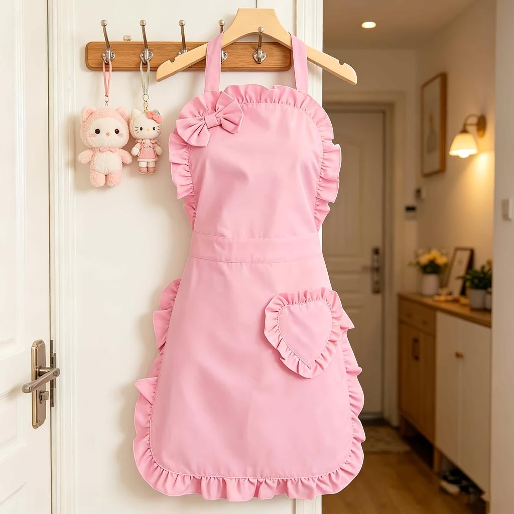 Long Pink Heart Apron, Ruffled Design with Pockets, Cute And Vintage Women'S ApronMaid Dress