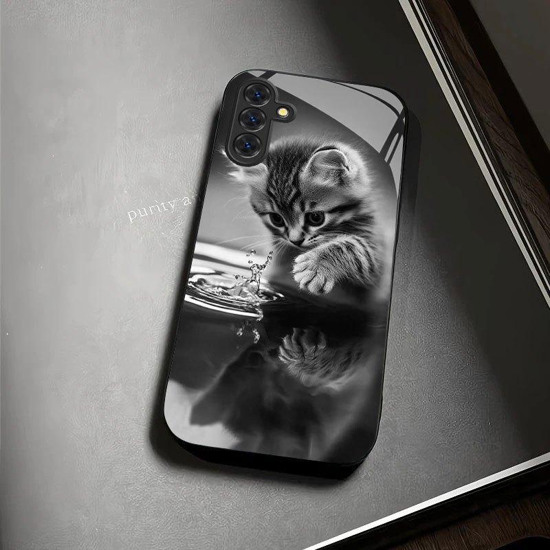 Black Cat Pattern Black Glass Phone Case Suitable for Samsung Galaxy S26 S25 S24 S23 S22 S21 S20 FE/Ultra/Plus Anti Drop