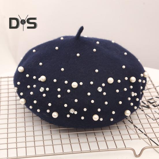 Baskenmütze für Damen, Kunstperlen, Strass-Dekor, Vintage-Wollmütze im englischen Stil, ohne Krempe, einfarbig, verstellbare Träger, Kürbismütze